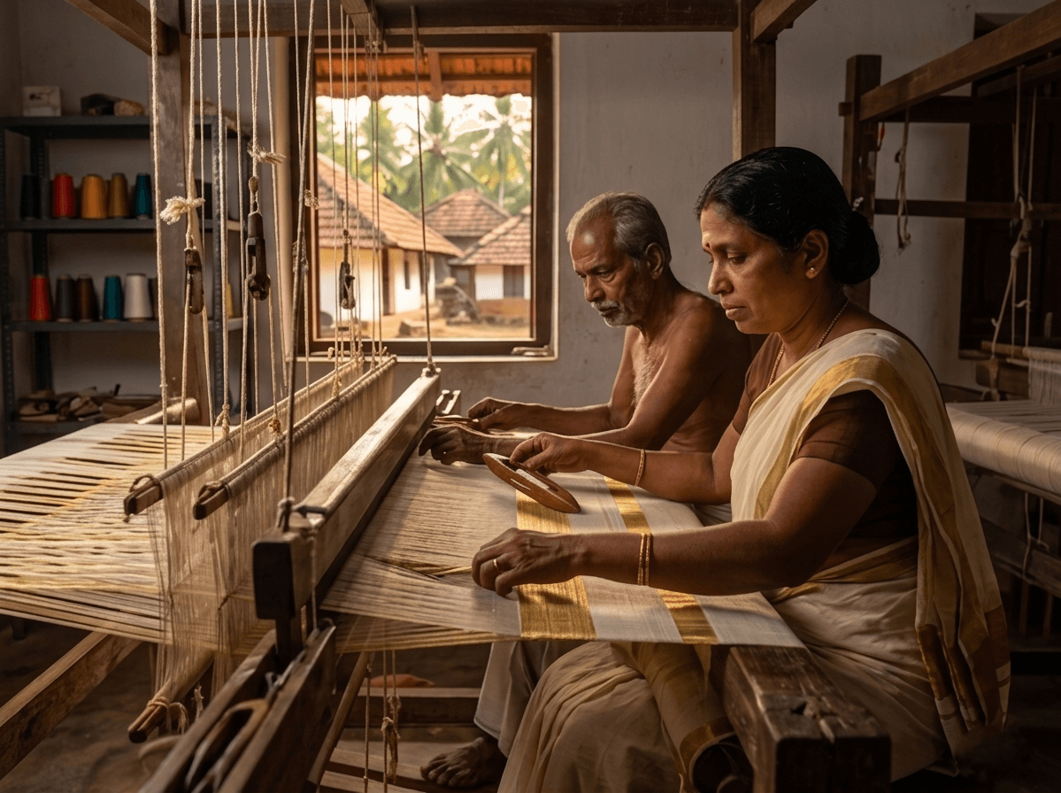 Kuthampully handloom weaving process